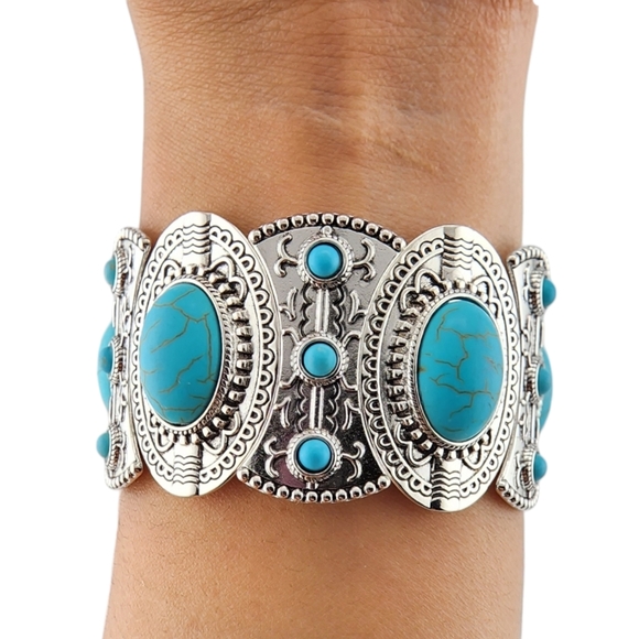 Boheme Jewelry - Turquoise Bracelet Howlite Blue Bohemian Stainless Steel Tribal Silver